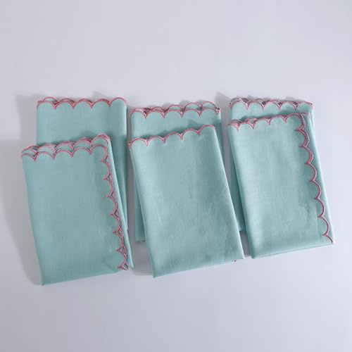 FINGERCRAFT Scallop Embroidery Cloth Napkins, Cotton, Set of 6, Aqua