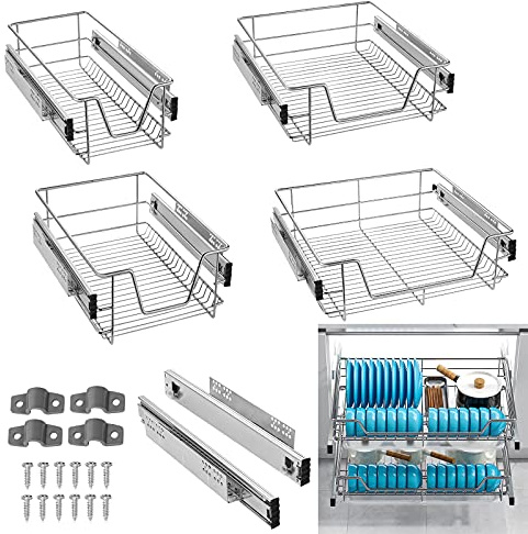 XMTECH 4er Set Teleskopschublade 60cm für Küche Schrankauszug Ausziehbar | Geeignet für 60cm Schränke (Produktbreite 57cm), Metallkorb mit Teleskopschiene, leichtgängiger Auszug