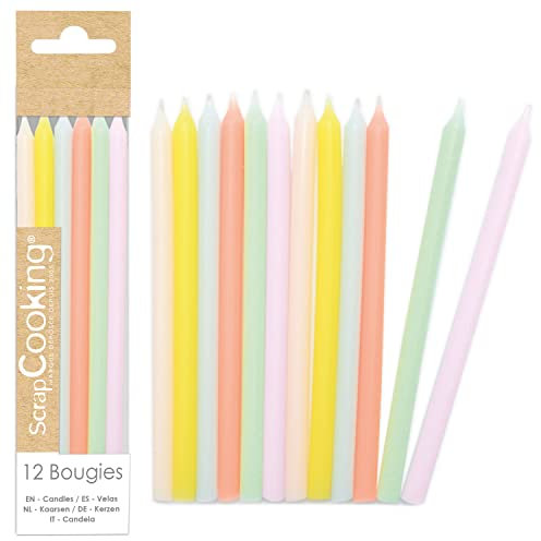 ScrapCooking 0361-12 Candele lunghe pastello – Candele multicolore per torta di compleanno – Decorazione per bambini adulti – Paraffina con picchi – Festa pasticceria