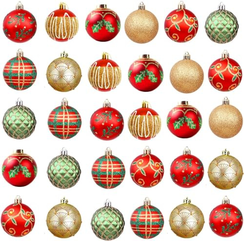 30 Stück Weihnachtskugeln Weihnachtsbaumschmuck 6 cm bruchsichere Weihnachtskugeln Ornamente Set für Weihnachtsbaumschmuck, Weihnachtskranz und Partydekorationen (rot, gold)