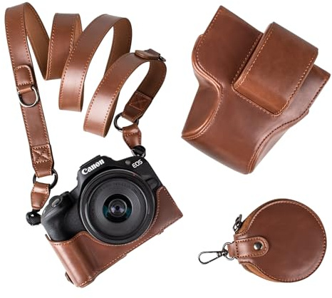 MUZIRI KINOKOO EOS R50 R100 Camera Case, Retro PU Leather Protective Case for Canon EOS R50 R100 DSLR Camera with 18-45mm Lens - with Bottom Opening & Shoulder Strap & Storage Pocket - Coffee
