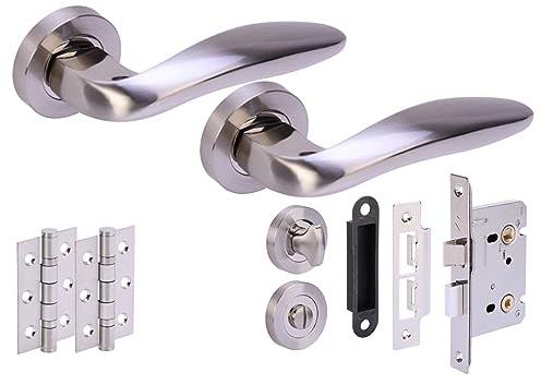 Hunta HANDLEZONE® Lagus Door Handles on Rose Bathroom Lock Pack with 75mm Ball Bearing Hinges and 76mm Lock - Dual Polished/Satin Nickel