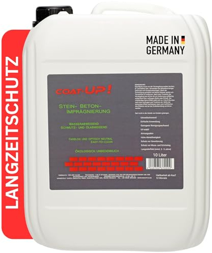 COAT-UP Beton- und Steinimprägnierung - 10 Liter, Lang anhaltender Wasser-, Schmutz- & Ölabweisender Schutz, Vorbeugend gegen Grünbelag & Schimmel, Extremer Abperleffekt, Atmungsaktiv & Farbneutral