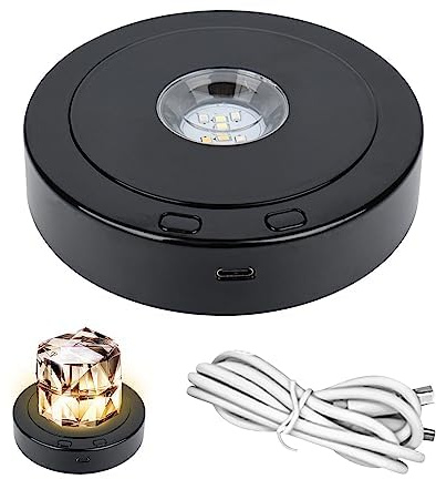 Luce notturna a LED rotonda, girevole, 4 modalità di rotazione e 8 modalità di illuminazione, base rotante a LED multipli per statue di cristallo, sfera di vetro, arte in vetro (nero)