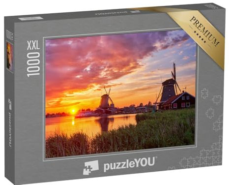 Puzzle 1000 Teile XXL „Ländliche Szene in den Niederlanden: Windmühlen am Touristenort Zaanse Schans“ – aus der Puzzle-Kollektion Windmühlen
