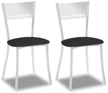2 Sillas metálicas con Respaldo de Escalera y Asiento tapizado - Estructura Color Blanca - Asiento en Polipiel Negra