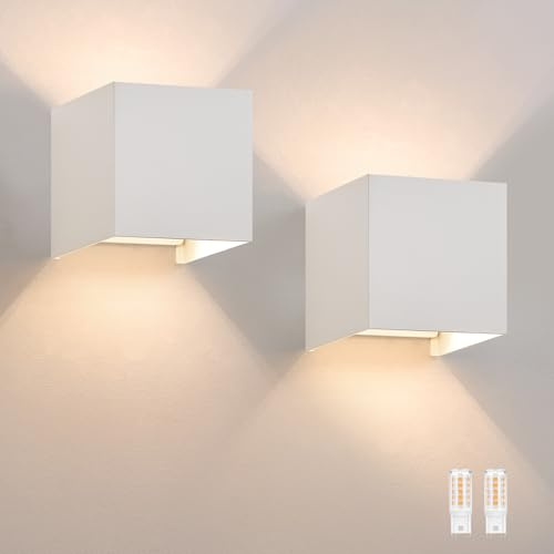 Homefire Wandlampe LED Wandleuchte Innen/Aussen: 2er set Aussenlampe Warmweiß IP65 Außenwandleuchten G9 Weiß Lampe Up Down Treppenbeleuchtung Außenleuchte für Hauswand Schlafzimmer Flur Treppenhaus