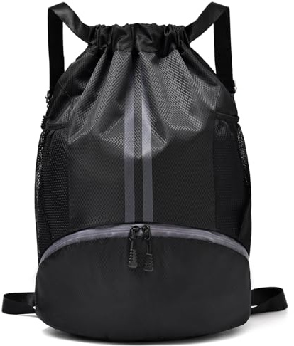 LOKAPEGY Black Drawstring Gym Bag for Men, Waterproof Drawstring Backpack for Women, Swim Bag with Shoes Compartment, Pull String Sport Bag for Soccer and Basketball.
