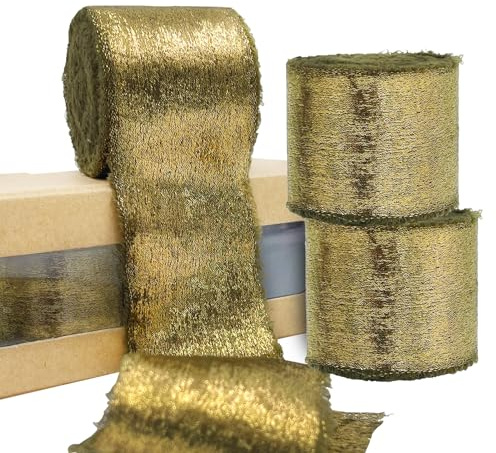 Dunkelgrünes goldenes Chiffonband, schimmerndes olivgrünes Gold-Seidenband, ausgefranster Rand für Brautblumenstrauß, Geschenk, Hochzeitseinladungen, Brautsträuße, Geschenkverpackungen,