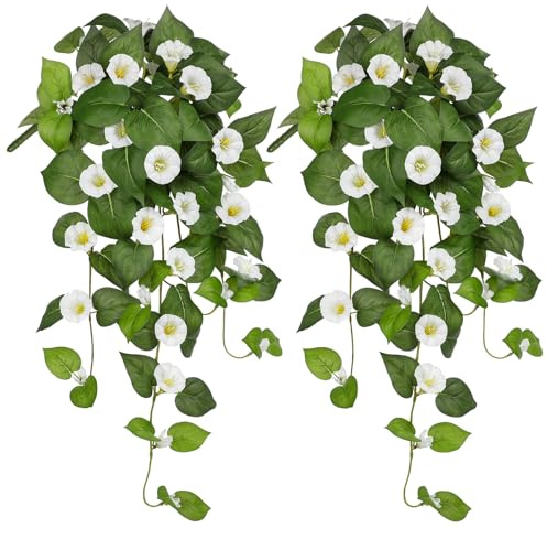 Briful 2er Set Künstliche Morning Glory Hängepflanzen – 65 cm Kunstblumen Ranken – Weiße Dekoblumen für Balkon, Wand, Fenster, Wohnzimmer, Innenbereich