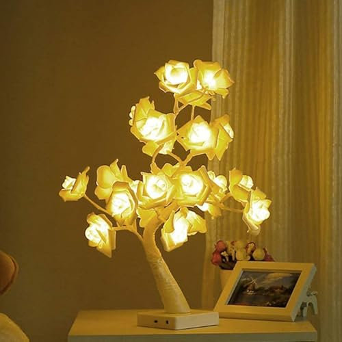 Loobiiny LED Rosenbaum Lampe Warmweiß Tischlampe Dekolicht | PE Nachtlicht, Rosenoptik, Sockelschalter, USB oder Batterie, für Schlafzimmer Wohnzimmer, 10 x 10 x 45 cm