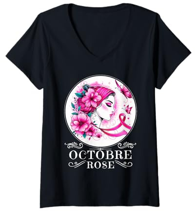 Femme Lutte au Cancer du Sein Octobre Rose 2026 Ruban Rose T-Shirt avec Col en V