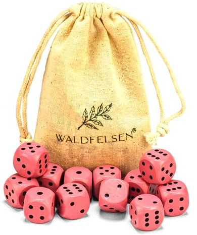 Waldfelsen 6, 12, 20, 30 o 50 dadi in legno di faggio di alta qualità in vero legno di faggio, cubi da gioco in legno, cubi standard da 16 mm, con sacchetto di stoffa (rosa, 12 pezzi)