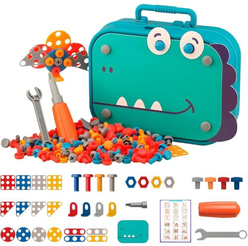 Kids Stem Toy Electric Drill,Electric Drill Toy,Kids Tool Set,Creative Mosaic Puzzle Toy With Electric Drill screw Tool,Magic Play Toolbox,Montessori Play Toolbox For Kids (Dinosaur-156PCS-No Dill)