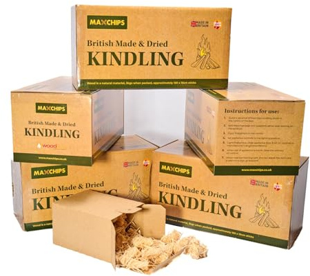 Maxchips Dried Kindling Wood & Natural Firelighter – 5 Boxes Of Kindling Sticks With 1 Box of 50 Firelighters – Smokeless Fire Starter for charcoal Burner, Stove, Open Fire, Pit, BBQ & Camping Oven