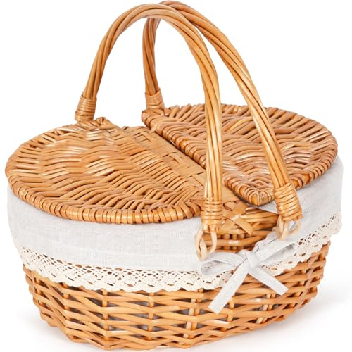 HEALSTOK Wicker Picknick-Korb mit Griff, 12 große leere Picknick-Korb mit Deckel & abnehmbare Liner, Vintage Hand geflochtenen Korb für Picknicks, Camping, Gemüse pflücken (Fest, 12inch/31cm)