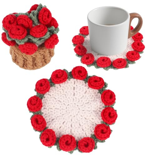 Fnaobai Set di sottobicchieri fatti a mano all'uncinetto con mini cestino, sottobicchieri floreali bohémien per tavolino, regalo di nozze, inaugurazione della casa, compleanno, design vintage con rose