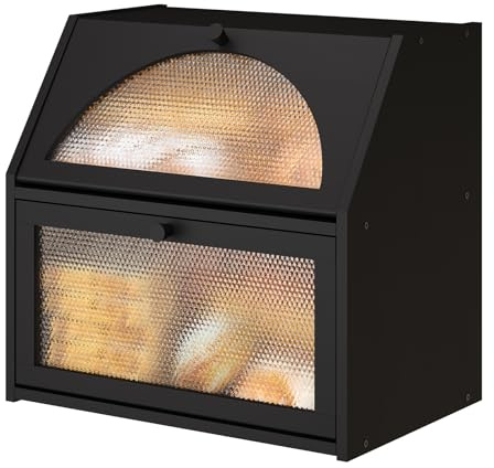 Vriccc Extra Large Bread Box for Kitchen Counter, Bamboo Wood Double Layer Bread Box for Kitchen Counter, Wooden Capacity Bread Storage Bin，Black