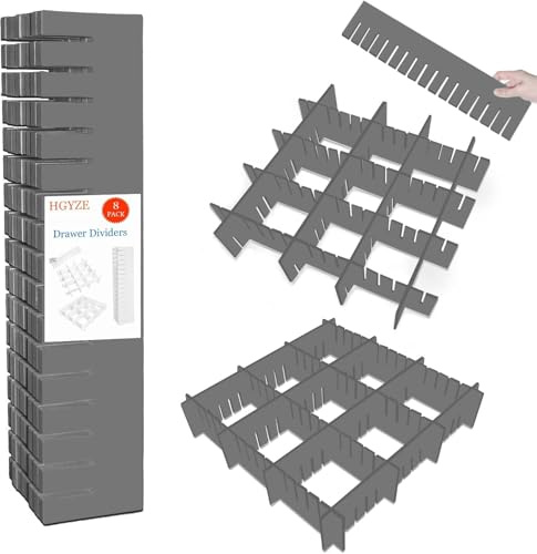HGYZE Divisori per cassetti, 8 pezzi, 42 x 9 cm, organizer per cassetti da cucina, colore grigio, divisori regolabili per cassetti, separatori per vestiti, trucchi, cassettiere, scrivania e comò in