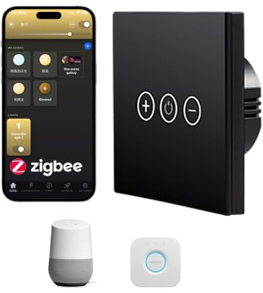 Bilihondim Zigbee Touch Dimmer Schalter | Ohne Neutralleiter, 200W, Kompatibel mit H*ue/Echo/SmartThings, LED & Halogen, Schwarz