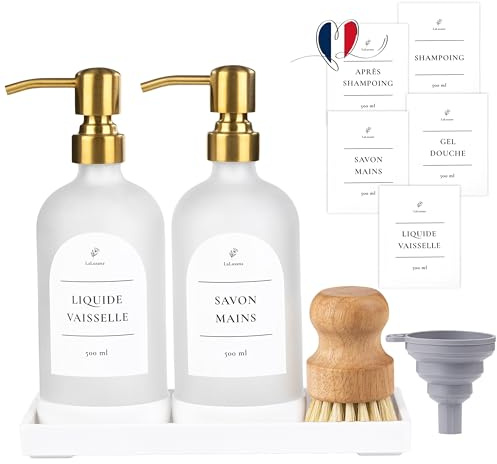 LaLusana Distributeur de Savon Liquide en Verre 500ml – Lot de 2 avec Pompe INOX Dorée, Plateau, Brosse, Étiquettes Waterproof – pour Cuisine, Salle de Bain, Liquide Vaisselle, Gel Douche, Shampoing