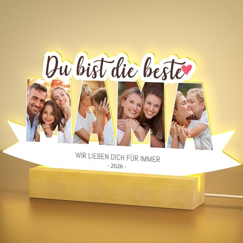 UNIGIFT Muttertagsgeschenke für Mama, Personalisierter Bilderrahmen | Mit LED-Beleuchtung, Acryl Foto-Nachtlicht mit Massivholzsockel, Geschenk zum Geburtstag von Tochter, Sohn oder Kindern