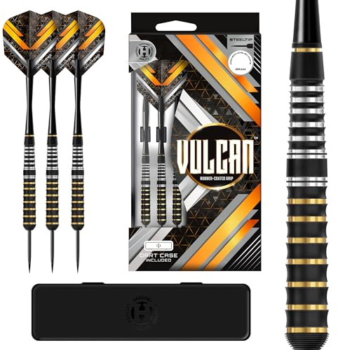 Harrows Vulcan mässingsstålspets dartset i 22 g, 24 g eller 26 g – gummibelagda fat med Speedline-skaft, Vulcan-flights och dartfodral – Hållbara darts för tillfälle och tävling (26 g)