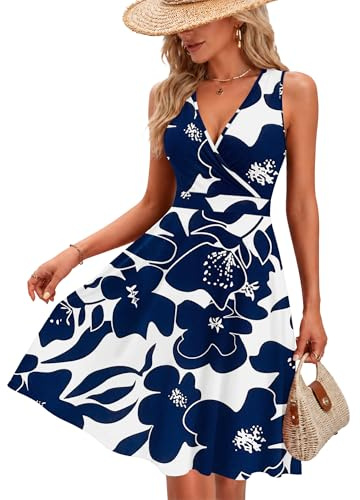 AUSELILY Women Summer Dress V-Neck Sleeveless Ladies Dress with Pockets | Beach Dress Sexy Knee-length Wrap Dress Casual Mini Dress Elegant Dresses for Women Light and Breathable Dress Loose Fit