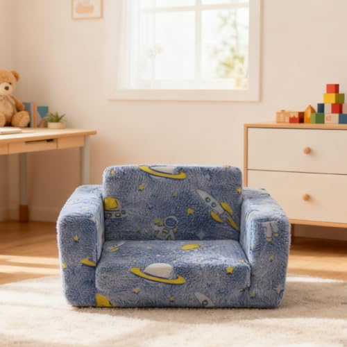 A ALFRESCOOL Kindersofa, Babyliegenstuhl, Kindersessel, Klappbarer Kleinkindstuhl, Leuchtender Weicher Plüschtier-Aufklappbar, für Mädchen & Jungen, 65×106×28.5cm (Blue+Planet)