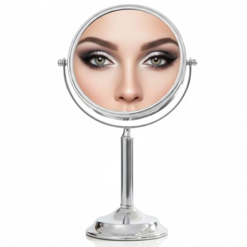 Mucola Kosmetikspiegel Schminkspiegel 10-Fach Vergrößerung Ø 20 cm Silber | Standspiegel 360° drehbar, Spiegelfläche 18 cm, Höhe 35 cm, stabiler Fuß ohne Montage, für Rasur, Hautpflege und unterwegs