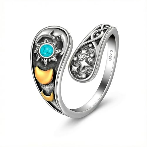 ONEFINITY Sun and Moon Ring 925 Sterling Silver Turquoise Spoon Ring Adjustable Sun and Moon Jewellery Gifts for Women
