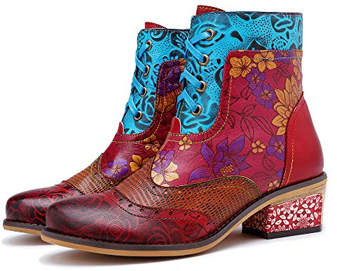 CrazycatZ Womens Ankle Leather Boots Hand Painted Color Splicing Pattern Boots Exotic Bohemian Leather Boots