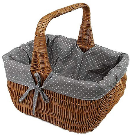 Großer Einkaufskorb aus Weide rechteckig Braun mit Stoff grau 42x32x38 cm Weidenkorb Autokorb Geflochten