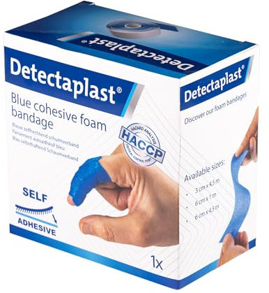 Detectaplast Wundverband, selbstklebender Verband für Wunden und Verletzungen, wasserfeste Pflaster Rolle für den Umgang mit Lebensmitteln, super elastisch, 6cm x 4,5m