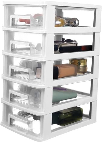 YARNOW Schubladenbox Schubladencontainer Organizer weiß 5 Schubladen Kunststoff Aufbewahrungsbehälter Make- Up Organizer Schubladenturm Tischdeko für Badezimmer Schminke Kosmetik Box