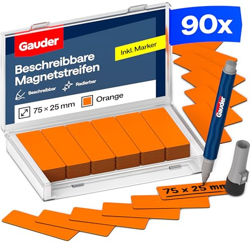 GAUDER Magnetstreifen beschreibbar, Magnetschilder Kanban (90 Stk, 75x25mm)