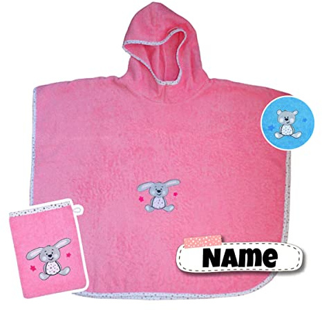 Stickling Badeponcho + Waschlappen mit Name bestickt | Baumwolle | personalisiert mit Namen | Kapuzenbadetuch Bademantel Kinder | Kapuzenhandtuch | Badetuch mit Kapuze | bis 7 Jahre
