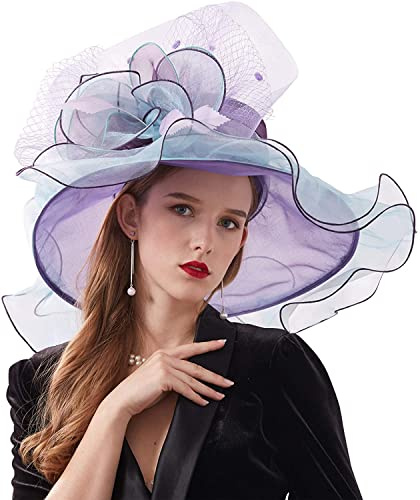 AHDMR Femme Chapeau de Mariage Organza Capeline Large Bord Anti-UV Chapeau de Mariee Elégant Chapeau de Soleil Plage Eté Casquette Visière Pliable Bibi Fascinator d'Eglise Cérémonie Détachable