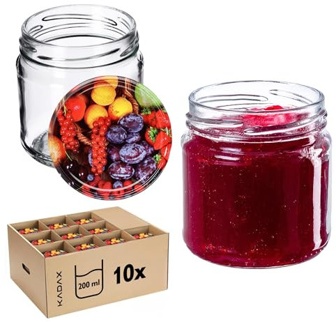 KADAX Barattoli Ermetici di Vetro da 200 ml, Vassetti Piccoli con Coperchio a Vite per Conserve di Frutta, Marmellate e Miele (Set di 10, Frutta Colorata)