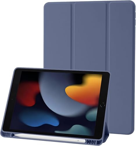 Hülle Kompatibel mit iPad 9 8 7 Generation 10.2 Zoll, Model 2021/2020/2019,9./8./7. Hülle mit Stifthalter, Trifold Ständer Schutzhülle, Auto Schlafen/Wachen for iPad 10,2 - Blau Grau