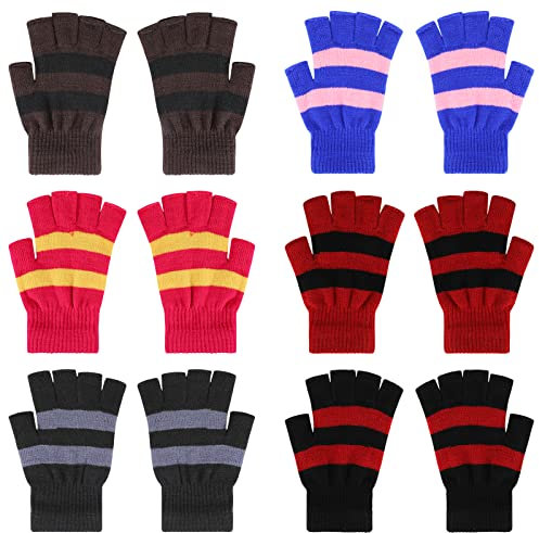 QKURT 6 Paar Kinder Halbfingerhandschuhe, Kinder Fingerlose Handschuhe Stretch Magic Warme Strickhandschuhe Unisex Handschuh Winter Thermohandschuhe für Jungen Mädchen im Alter von 6-15 Jahren