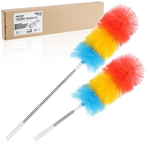 COM-FOUR® 2x spolverino con manico telescopico - tergicristallo extra lungo ed estensibile - scopa per ragnatele in colori vivaci - spolverino telescopico (02 pezzi - arcobaleno - lungo)