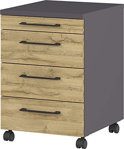 GERMANIA DIE MÖBELMACHER Rollcontainer, mit Vier Schubladen, Utensilienfach und feststellbaren Laufrollen, in der Farbe Graphit/Eiche, 42 x 61 x 49 cm (BxHxT)