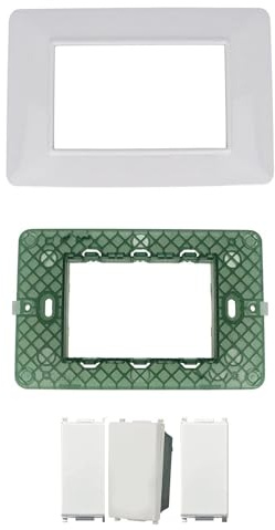 Di Tutto Per Tutti® - Set Completo 5 Pezzi, 1 Placca 3M Da 3 Posti, 1 Supporto 3M 3 Posti, 1 Interruttore 1P Unipolare 16A, 2 Copriforo 1M Falso Polo Compatibile Vimar Plana Bianco