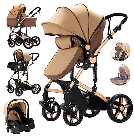MoLi Kinderwagen 3 in 1, Kinderwagen mit Umkehrbarem Doppelschiebemodus, Buggy mit Großer Bequemer Babywanne, Kombikinderwagen 3 in 1 Rahmen Aluminiumlegierung Faltbar Hohe Landschaft (588 Khaki New)