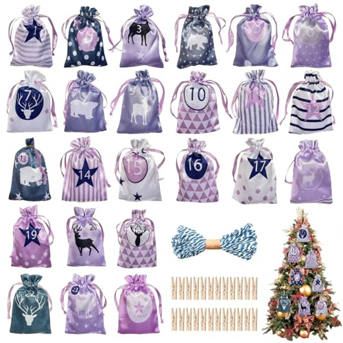 Weihnachts-Adventskalender-Tüten, 24 Tage Countdown Jutebeutel zum Aufhängen, Adventskalender, Geschenkgeschenke für Weihnachtsdekorationen (Lila)