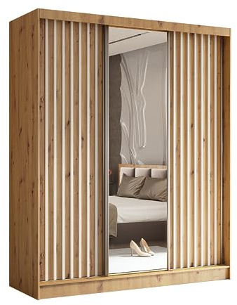 Margaret Hadas24 Kleiderschrank Erika mit Lamellen und Spiegel, Organizer, Mehrzweckschrank, Schwebetürenschrank, Garderobenschrank, Kleiderstange, Kleiderständer, Flurschrank, 180 cm, braun, weiß