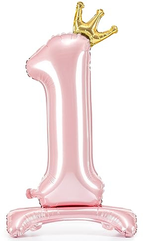 Folienballon 1. Geburtstag XXL Ballon 1 Hellrosa mit Standfuß selbststehend Ballon 1 Geburtstag Mädchen Kindergeburtstag Luftballon Zahl 1 Rosa mit goldener Krone, 84cm