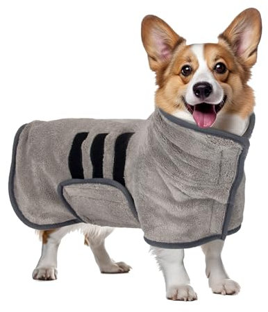 UVTQSSP Haustierbademantel mit Klettverschluss, 300g Korallenplüschmaterial Verstellbarem Schrumpfband, Hundebademantel für Große Mittel und Kleine Hunde Grau S