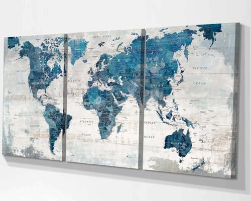 GIFTTWART Weltkarte Büro Wandkunst Leinwand für Wohnzimmer Wandbilder blau großes Kunstwerk modern Schlafzimmer Küche Esszimmer Heimdekoration